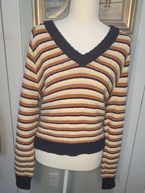 Madewell Striped V-Neck Women¹s Sweater in Black, Cream & Brown
